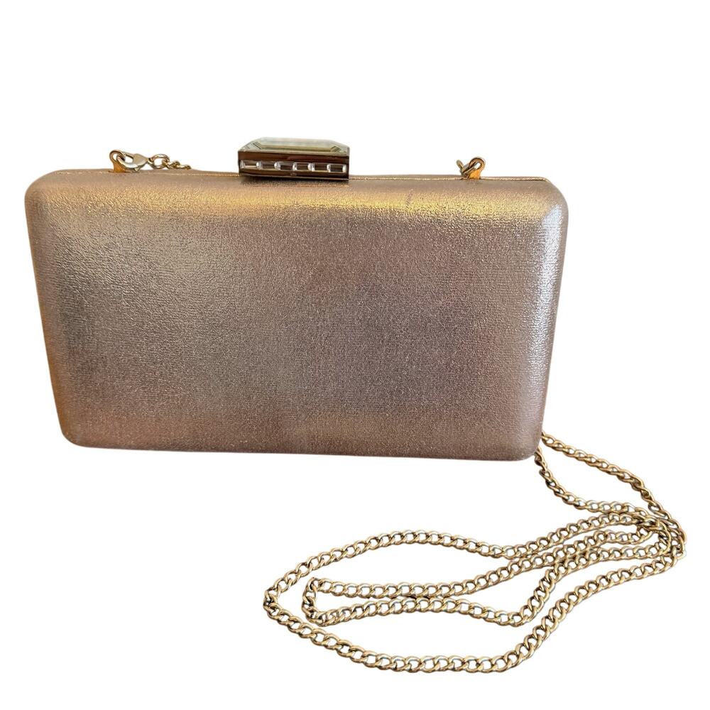 Nordstrom Metallic Gold Gilded Box Clutch Evening Bag Crystal Clasp Chain